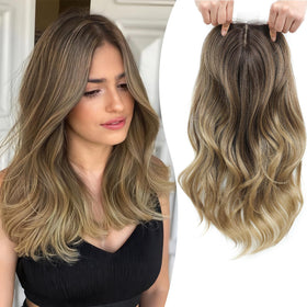 Fine Plus 18in body-wavy topper adds natural volume with ash brown to blonde ombre.