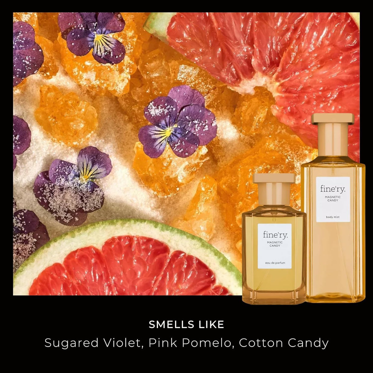 Fine'ry Citrus Gourmand bottle back, noting ingredients and long-lasting fragrance promise.