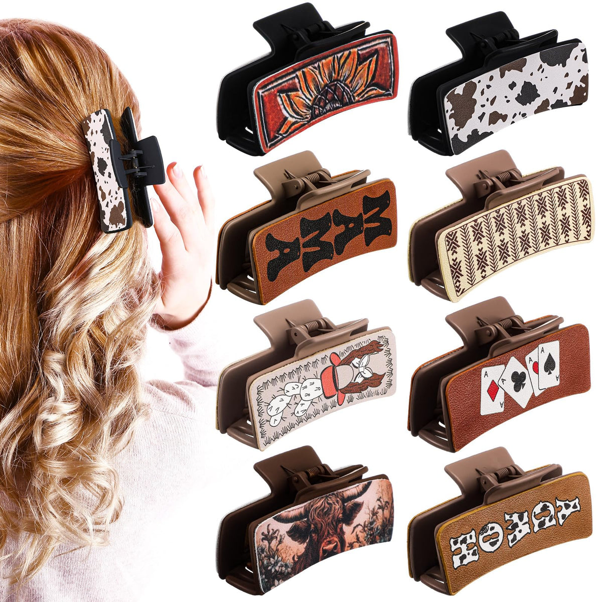 FineCheer western cow print hair clip with rustic hold