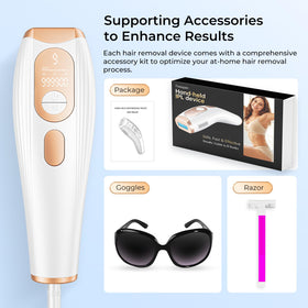 Accessories include pre-treatment trimmer and protective goggles for safety.