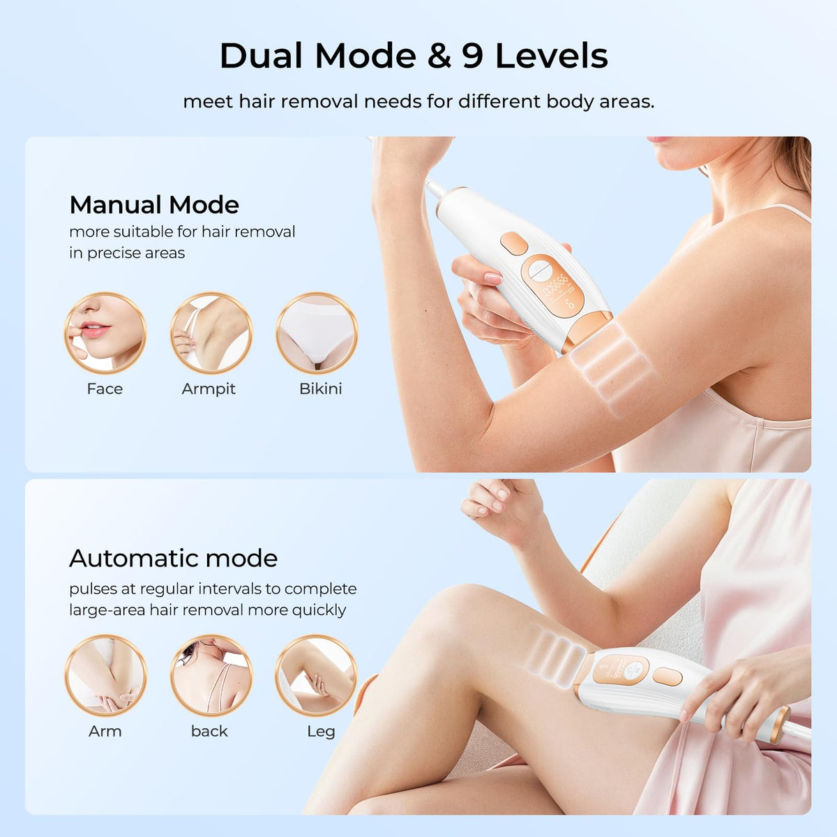Manual mode focused on bikini line and underarms for precision.