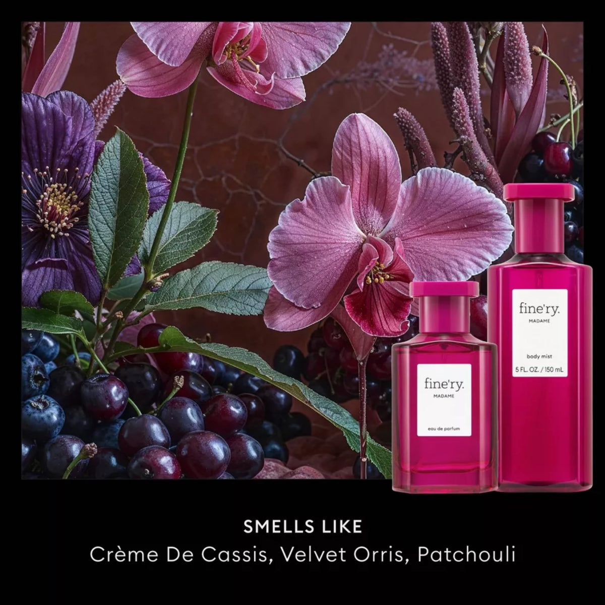 Fine'ry Madame bottle label closeup highlighting Crème de Cassis and Patchouli notes.