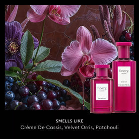 Fine'ry Madame bottle label closeup highlighting Crème de Cassis and Patchouli notes.