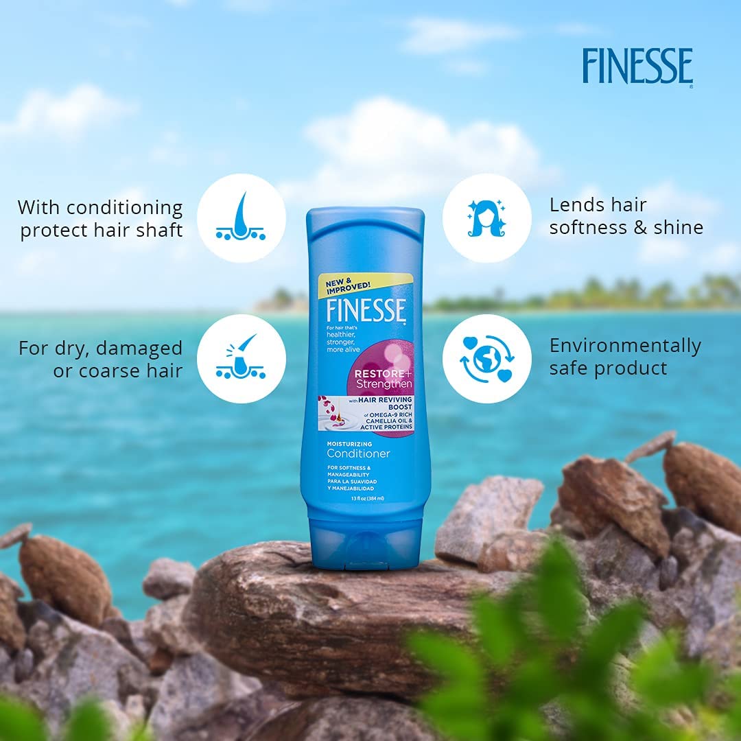 Finesse moisturizing conditioner 13oz pack closeup shows lush texture and care.