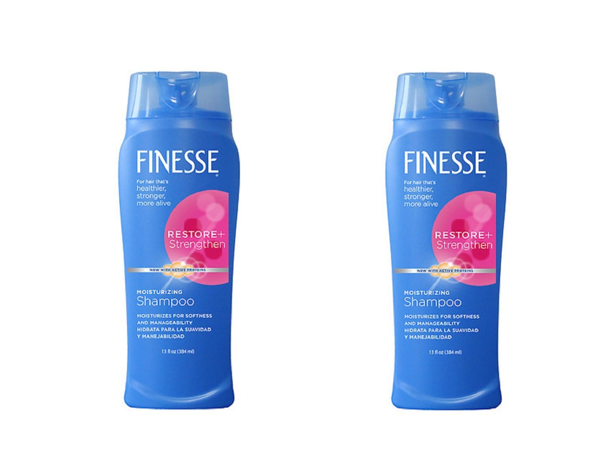 FINESSE moisturizing shampoo bottle demonstrates hydration for dry hair.