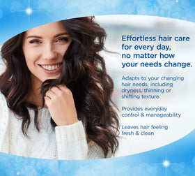 Closeup of Finesse Volumize + Strengthen shampoo label highlighting camellia oil and proteins.