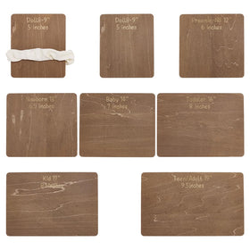 Fingerinspire wooden head band measuring board displaying seven sizes for precise bow crafting.