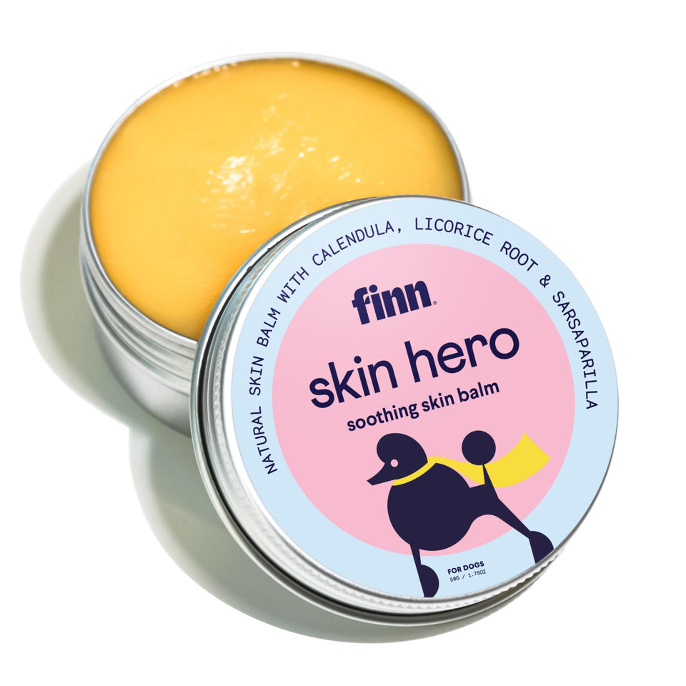 Finn Skin Hero jar front shows natural dog balm for soothing irritated skin