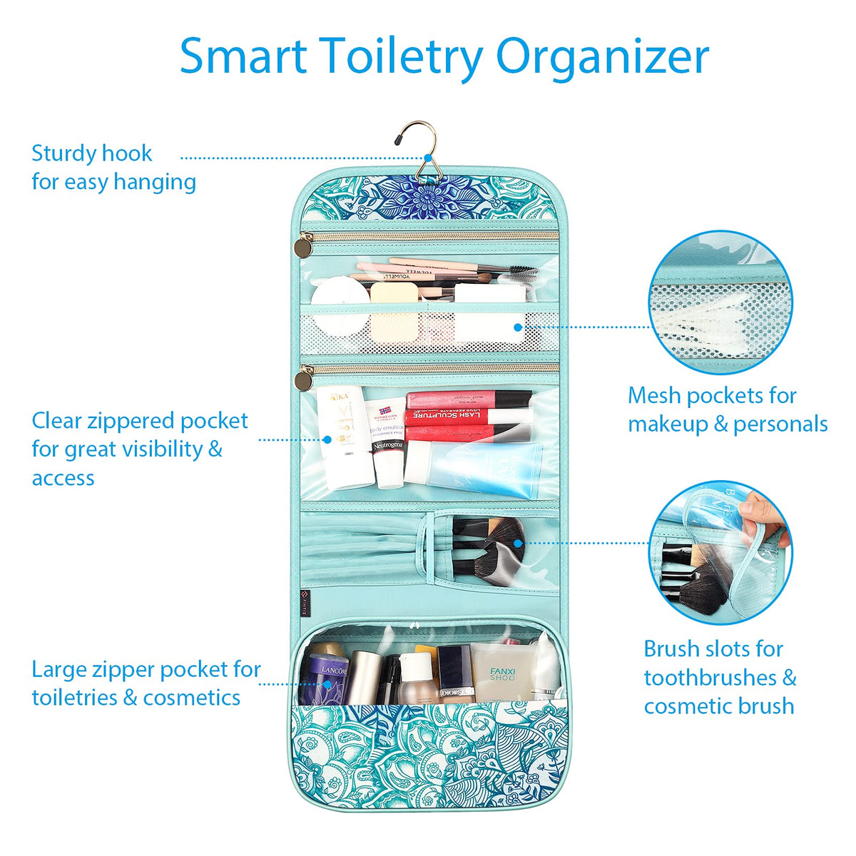 Expanded layout reveals spacious interior for up to eight full-sized toiletries during travel