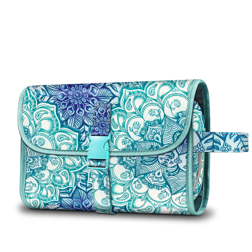 FINTIE Emerald Illusions toiletry bag rolled view highlights compact portability and easy packing on trips