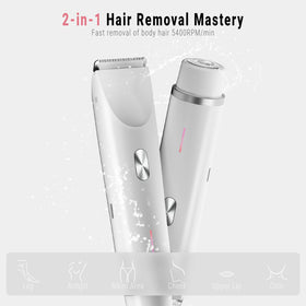 FIONOFY 2-in-1 trimmer shows dual-head versatility for bikini and legs.