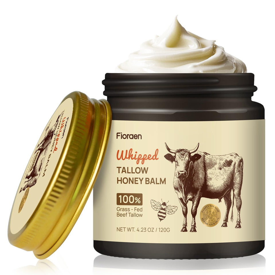 Fioraen whipped beef tallow honey balm jar shows creamy texture for hydration