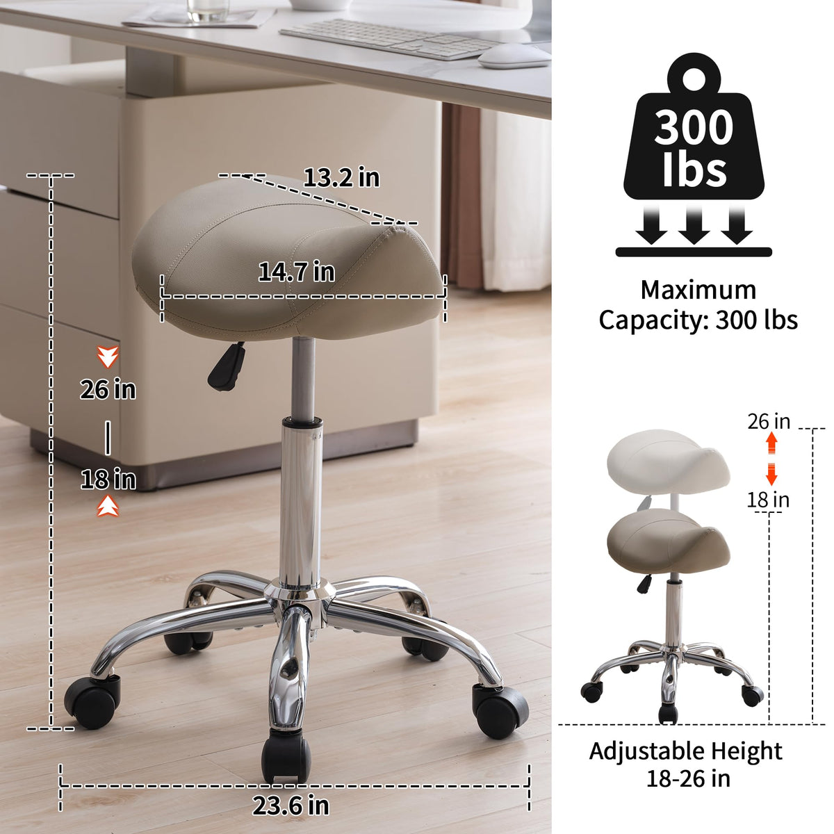 FIRAVOE saddle stool showing 360-degree swivel and smooth mobile wheels.