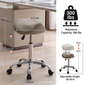 FIRAVOE saddle stool showing 360-degree swivel and smooth mobile wheels.