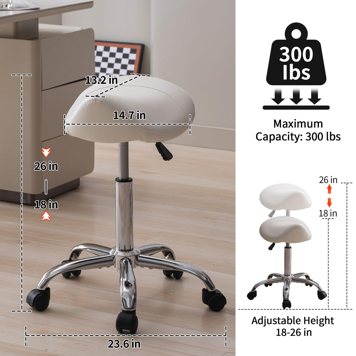 FIRAVOE Saddle Stool with five casters glides quietly across floors.