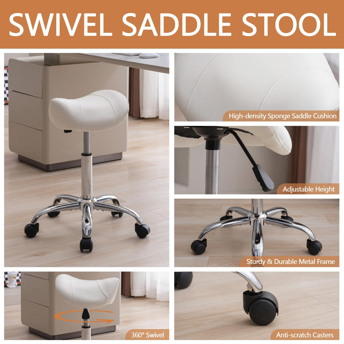 FIRAVOE Saddle Stool upholstered in PU leather for a premium look and feel.