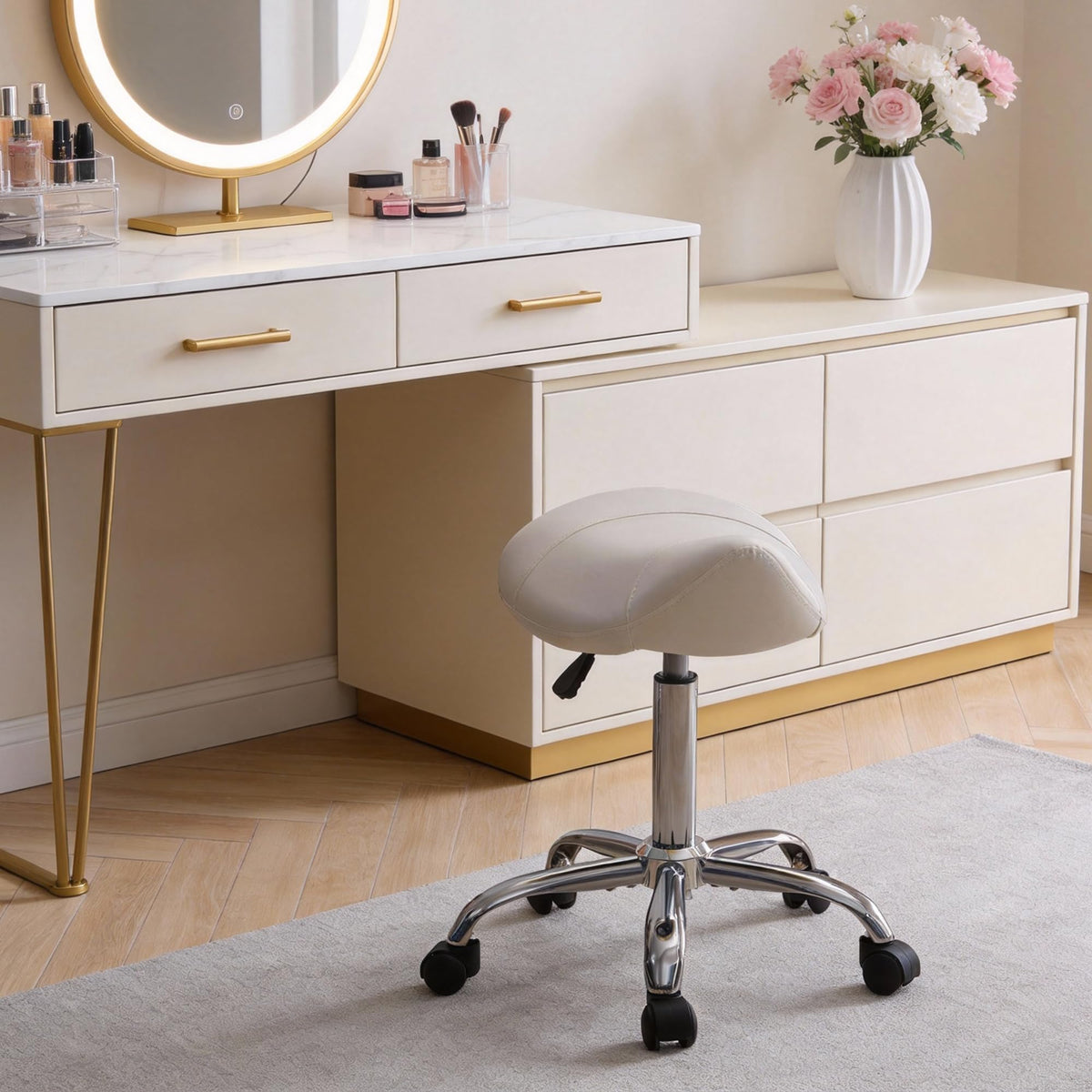 FIRAVOE Saddle Stool pairs with salon stations for efficient ergonomics.