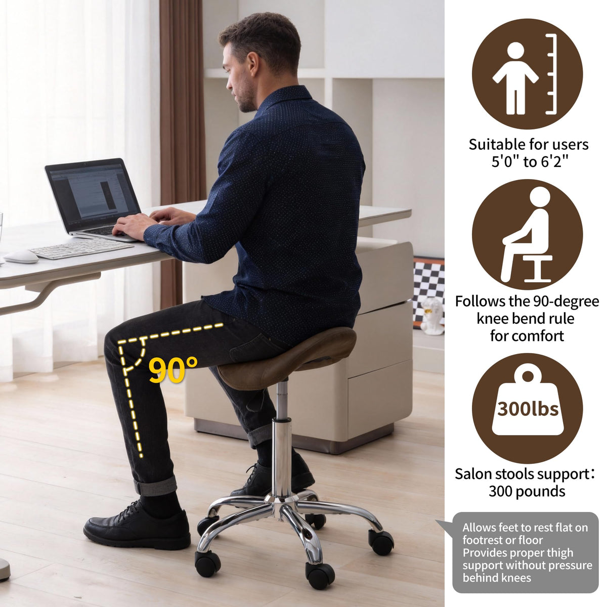 FIRAVOE Saddle Stool 360 swivel for smooth, quiet mobility.
