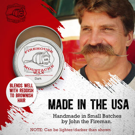 Application scene with Firehouse Moustache Wax for pliable hold.