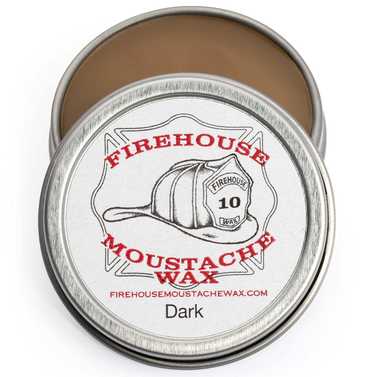 Firehouse Moustache Wax dark tin showing natural color for subtle styling.