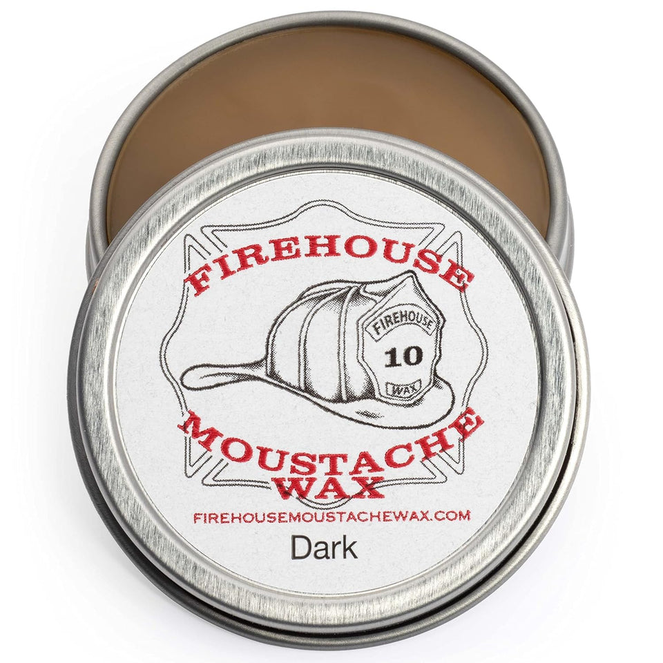 Firehouse Moustache Wax dark tin showing natural color for subtle styling.