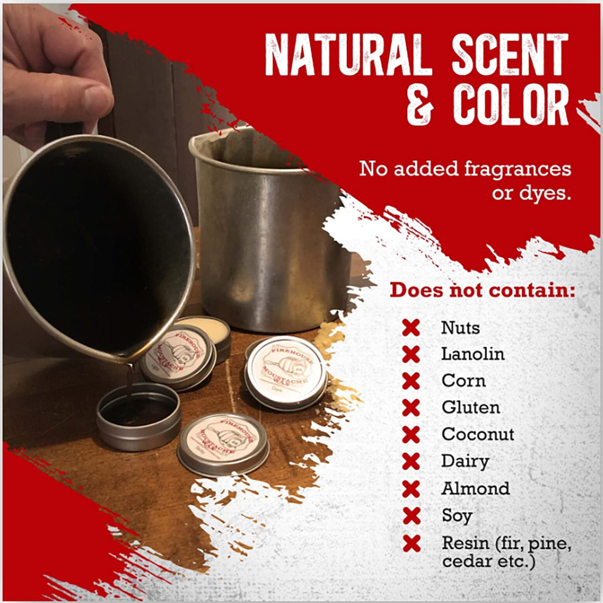 Firehouse Moustache Wax displays natural color and scent without dyes