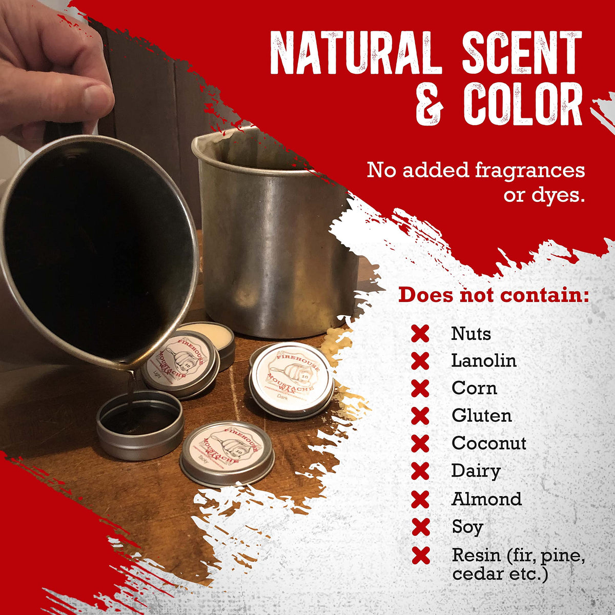 Natural scent and color of Firehouse Moustache Wax from natural waxes.