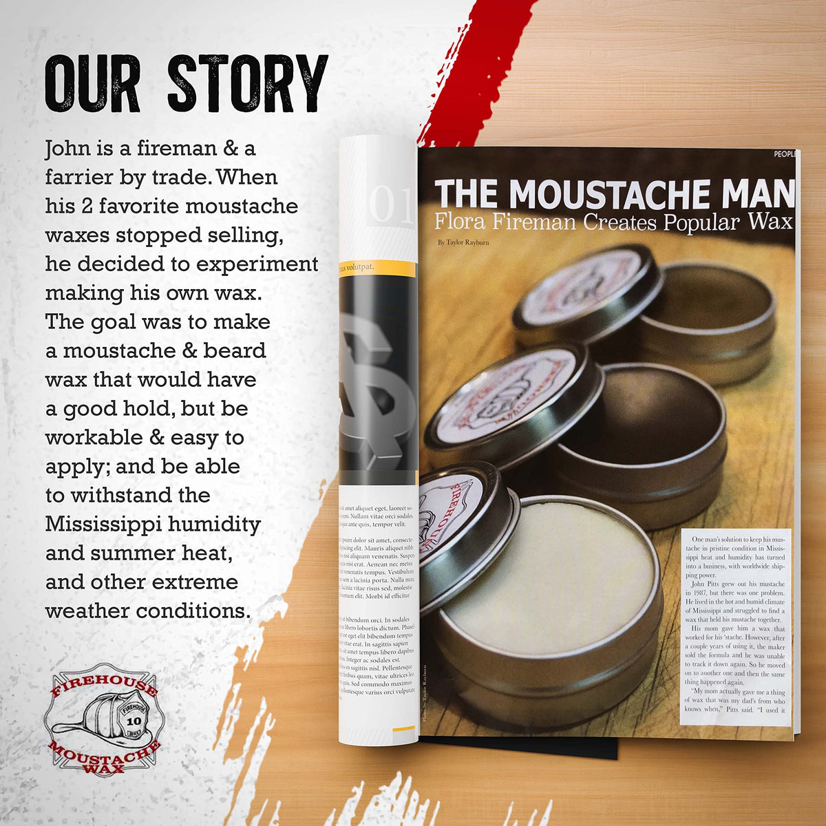 Travel-friendly, compact tin of Firehouse Moustache Wax for on-the-go styling.