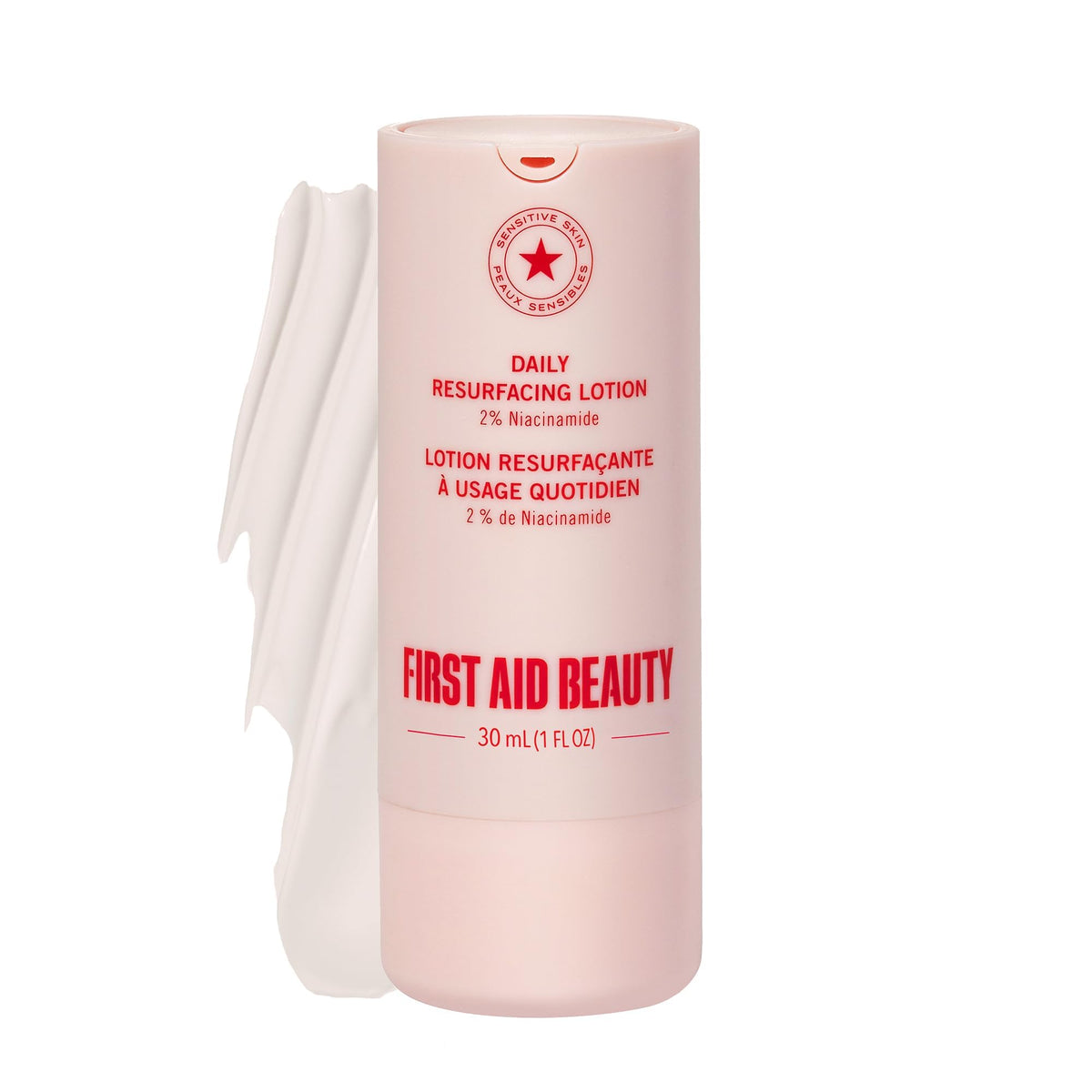 First Aid Beauty Lactic Lotion bottle highlighting lightweight hydration for even skin tone and post-acne fading
