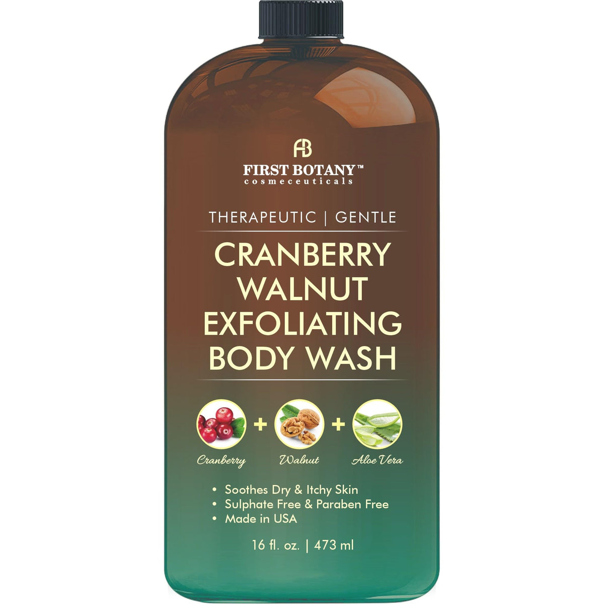 First Botany body wash bottle showing cranberry walnut scent for daily refresh