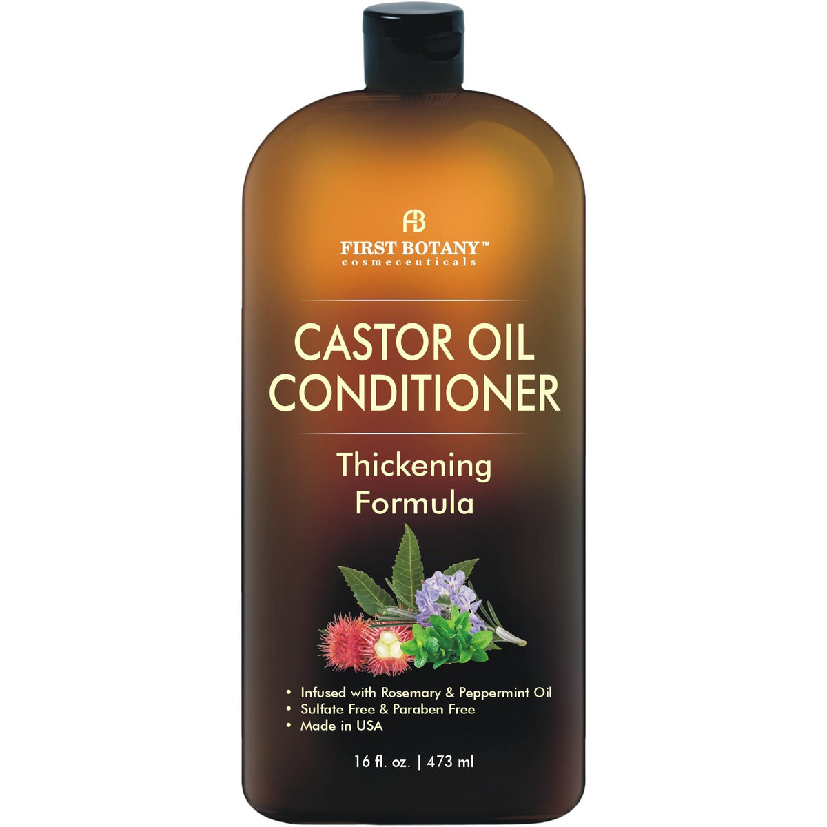 First Botany Castor Oil Conditioner bottle pour promotes smooth, manageable hair.