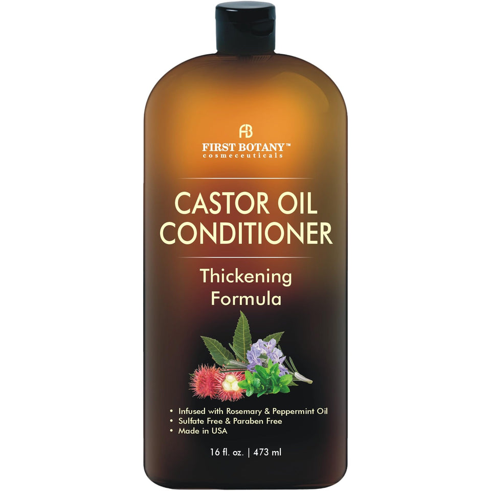 First Botany Castor Oil Conditioner bottle pour promotes smooth, manageable hair.