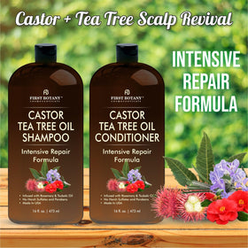 First Botany Castor Tea Tree Conditioner bottle front suggests detangling and smooth hair.