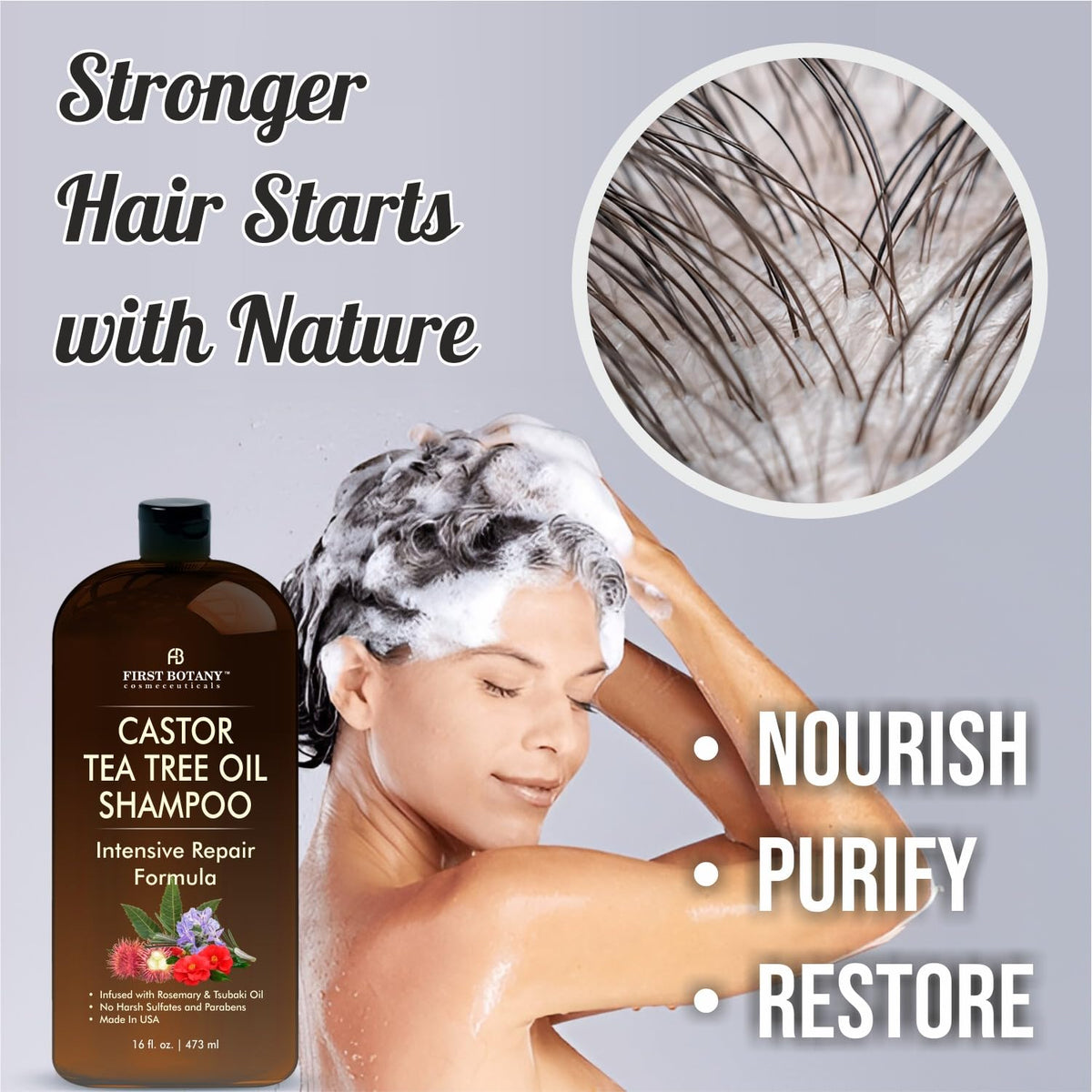 First Botany Castor Tea Tree oil ingredients closeup emphasizes nourishing botanicals.