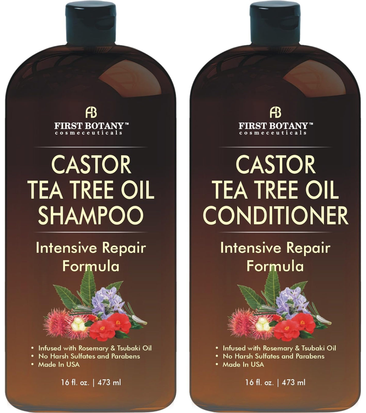 First Botany Castor Tea Tree Shampoo bottle front promotes a scalp-refreshing routine.