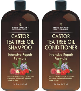 First Botany Castor Tea Tree Shampoo bottle front promotes a scalp-refreshing routine.