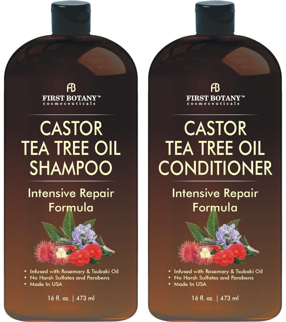 First Botany Castor Tea Tree Shampoo bottle front promotes a scalp-refreshing routine.