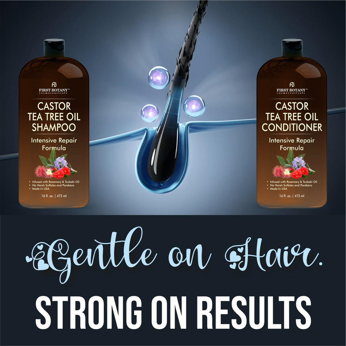 First Botany Castor Tea Tree Shampoo label closeup highlights natural, sulfate-free care.