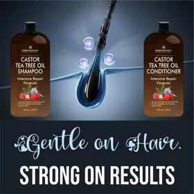First Botany Castor Tea Tree Shampoo label closeup highlights natural, sulfate-free care.