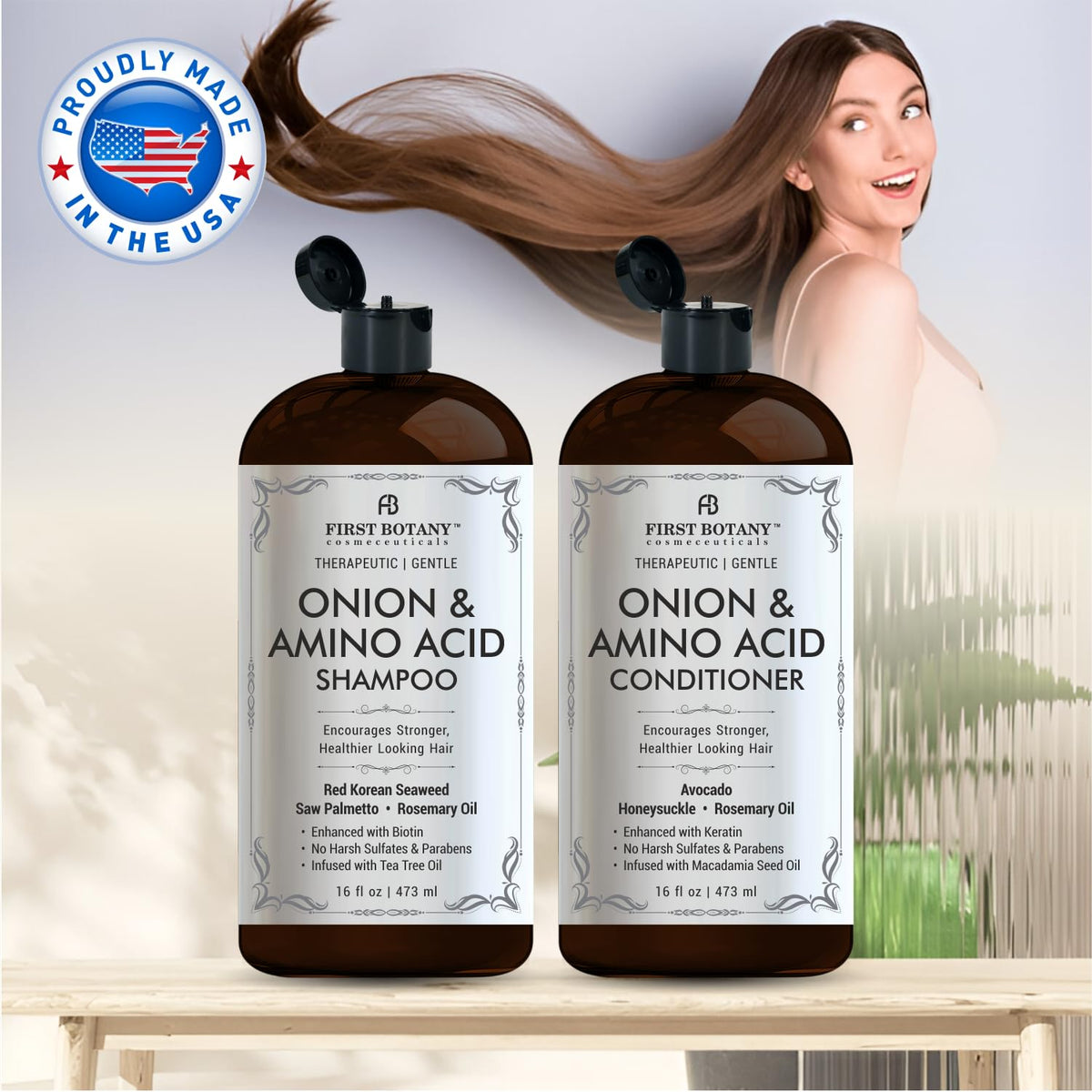 First Botany conditioner bottle highlighting moisturizing formula with oils.