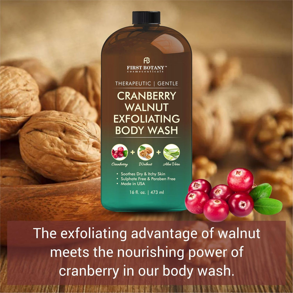 First Botany cranberry walnut soothing suds on skin