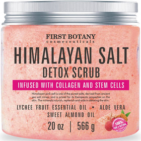 First Botany Himalayan Salt Scrub jar close-up shows texture for spa-like exfoliation