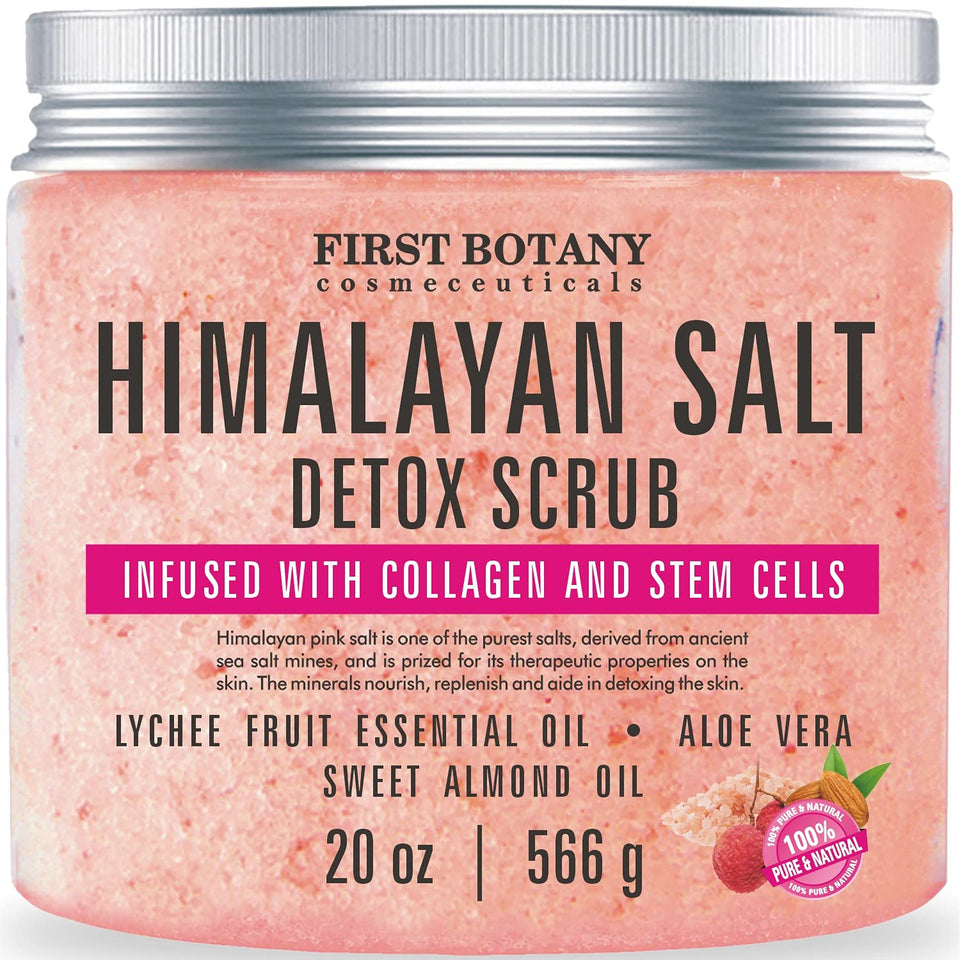 First Botany Himalayan Salt Scrub jar close-up shows texture for spa-like exfoliation
