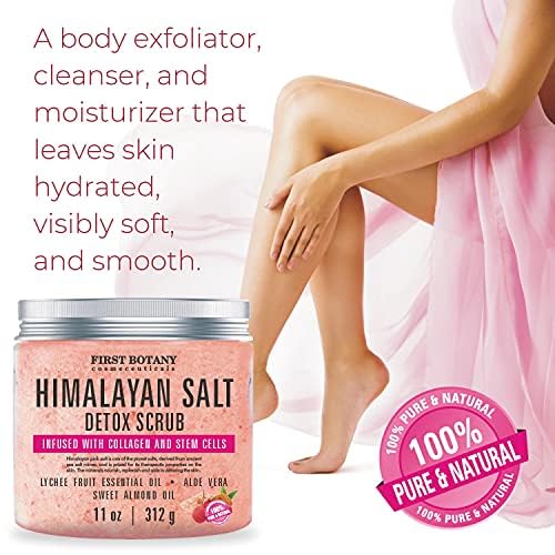 First Botany Himalayan Salt Scrub bottle label highlights collagen and stem cells for skin support