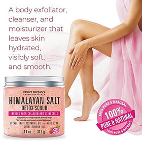 First Botany Himalayan Salt Scrub bottle label highlights collagen and stem cells for skin support