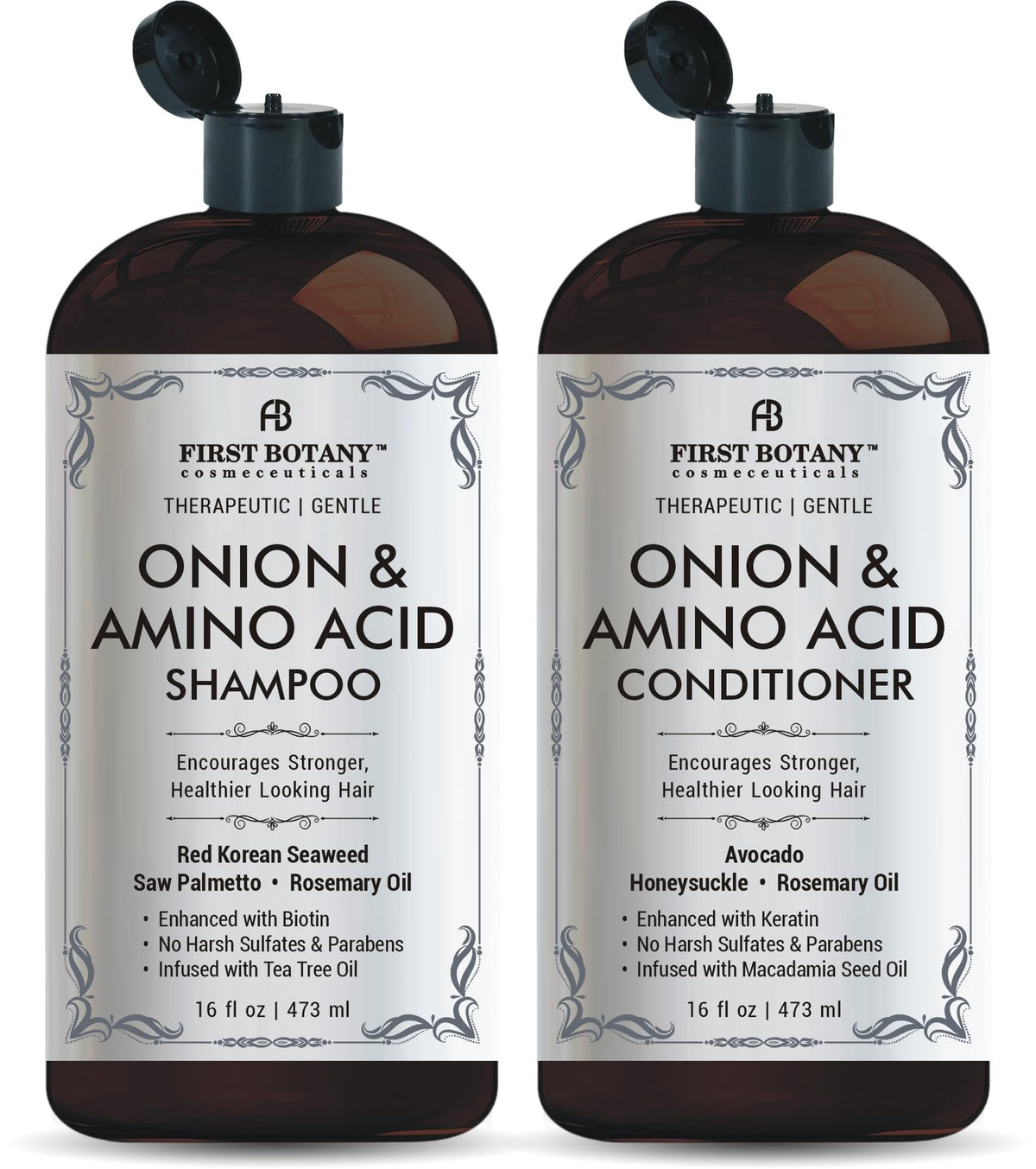 First Botany onion-amino-acid shampoo bottle front, gentle cleanse for all hair types.