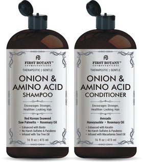First Botany onion-amino-acid shampoo bottle front, gentle cleanse for all hair types.