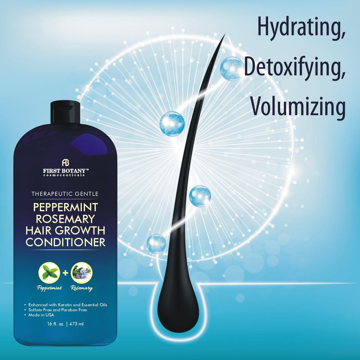 Hair care scene with First Botany conditioner providing shine and manageability
