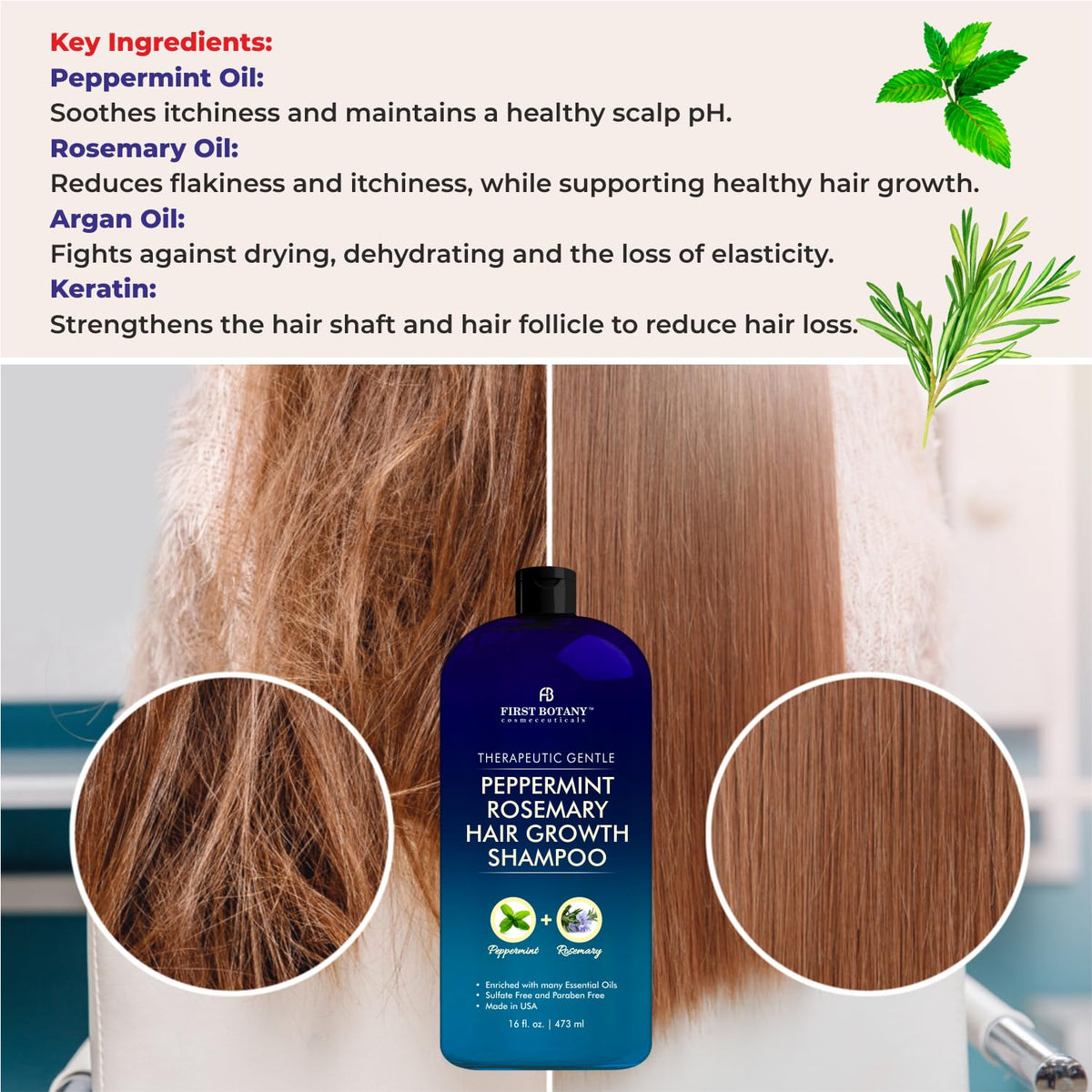 First Botany Peppermint Rosemary Shampoo used on hair for detangling and shine.
