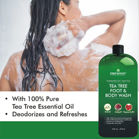 First Botany Tea Tree Foot Wash use close-up highlights targeted foot skin care.